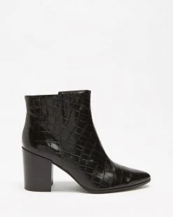 Atmos&Here Alice Leather Ankle Boots Black Croc Embossed Leather
