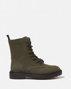 Rubi Freda Combat Lace-Up Boots - Teens Khaki Suede PU