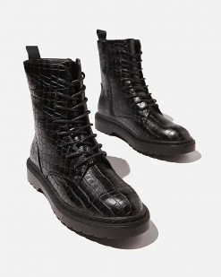 Rubi Freda Combat Lace-Up Boots - Teens Black Croc Embossed PU